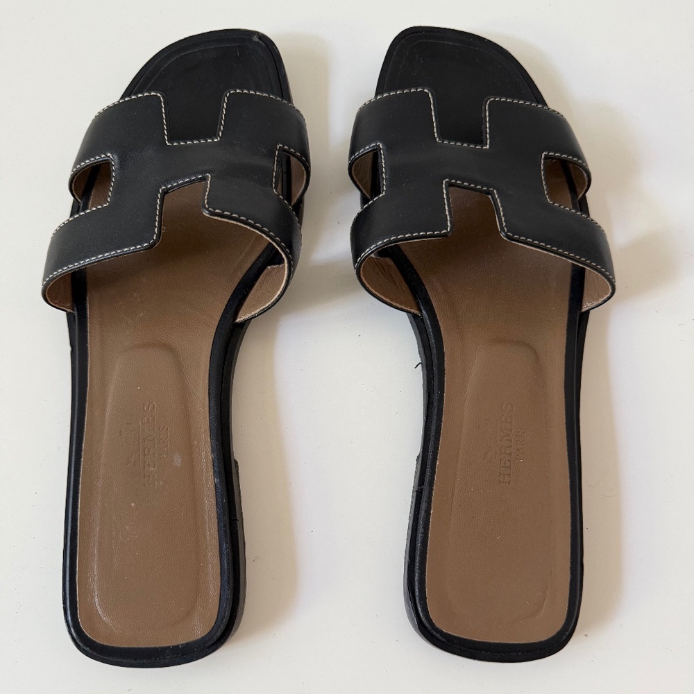 WOMEN'S HERMES H LOGO DARK BROWN LEATHER SLIDES SIZE EU 37